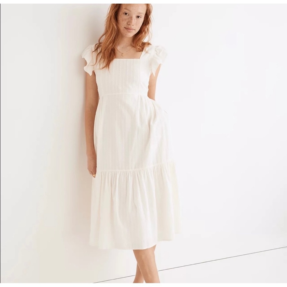 🤍 NWT Madewell Ruffle-Strap Tiered Midi Dress in Textural Stripe Size Small